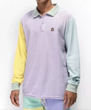 Teddy Fresh Colorblock Polo Long Sleeve Shirt Pastel Lavender Mint Yellow M